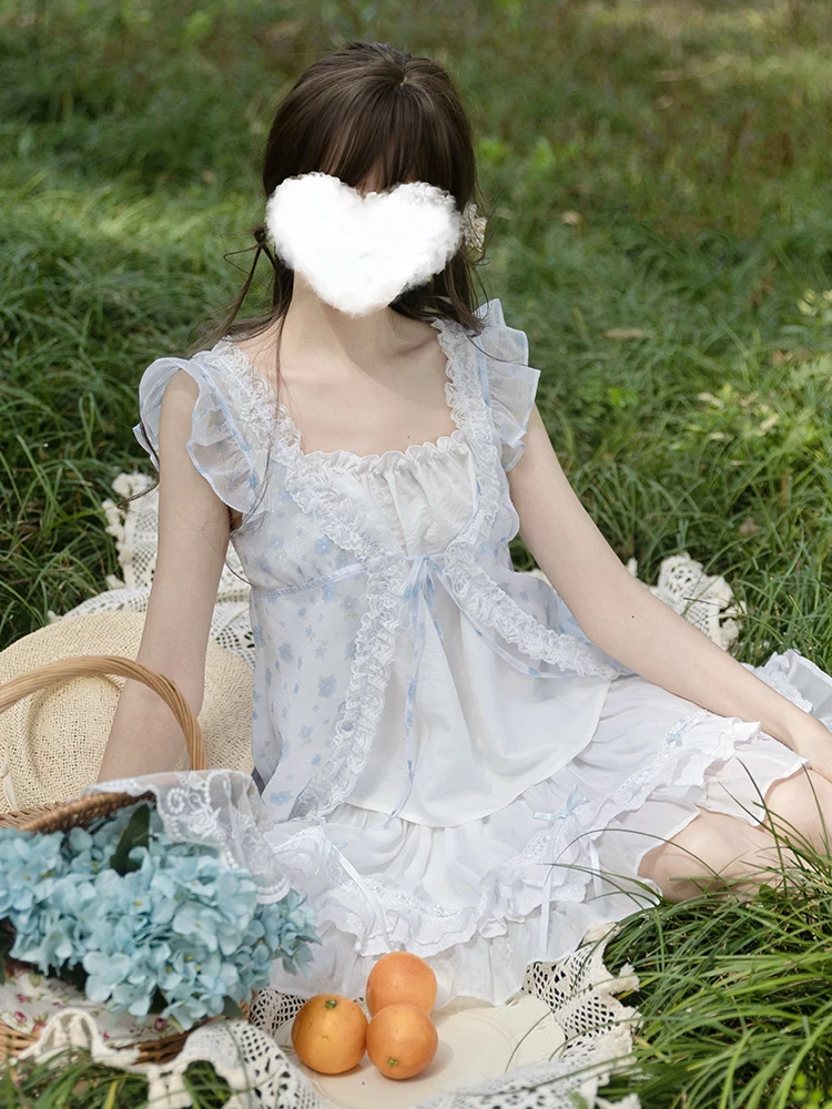 Minifaldas japonesas de dos piezas para mujer, Top estampado de malla de encaje sin mangas con cuello cuadrado, cintura alta elástica, corte en A