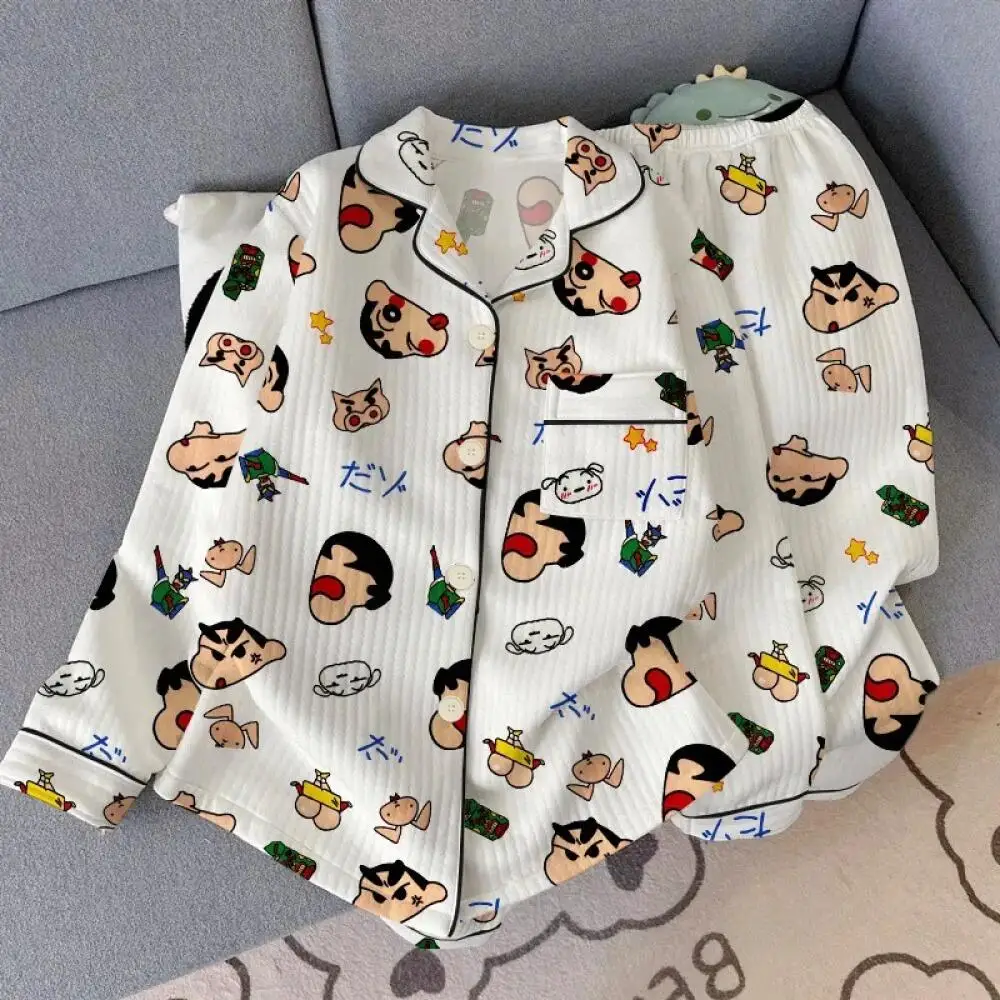 Crayon Shin Chan All Over Print Turn Down Collar Long Sleeve Pajama Set Autumn Winter Long Pants for Women