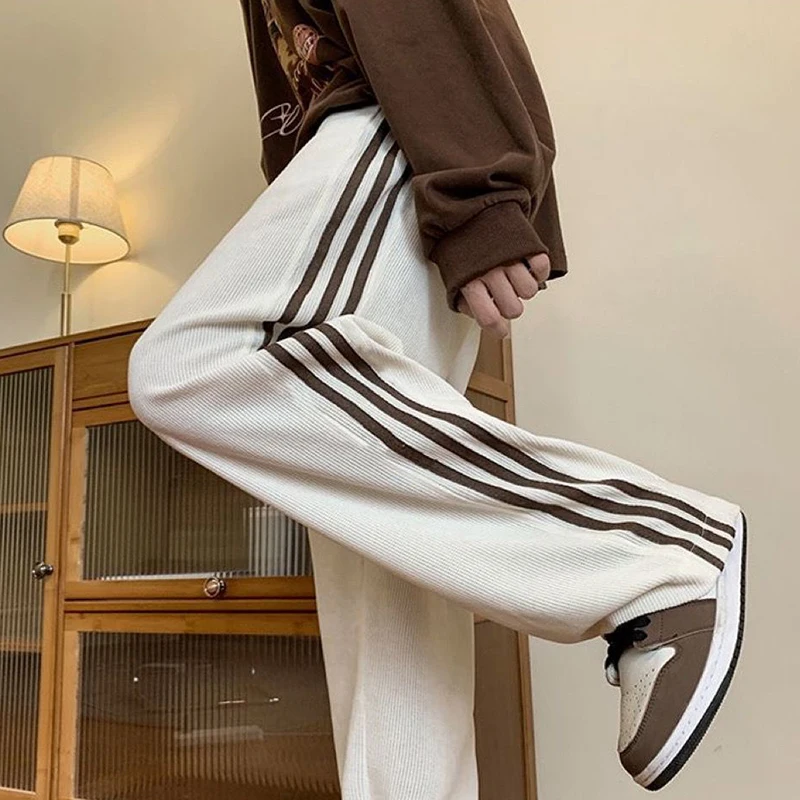 Gidyq Summer Stripes Sweatpants Women Fashion All Match Loose Straight Pants Korean Casual Streetwear Female Wide Leg Trousers