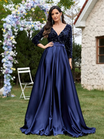 Luxury Long Sleeve V-Neck Satin Formal Evening Dresses 2025 Elegant Wedding Party Sequins Women Prom Cocktail Gowns