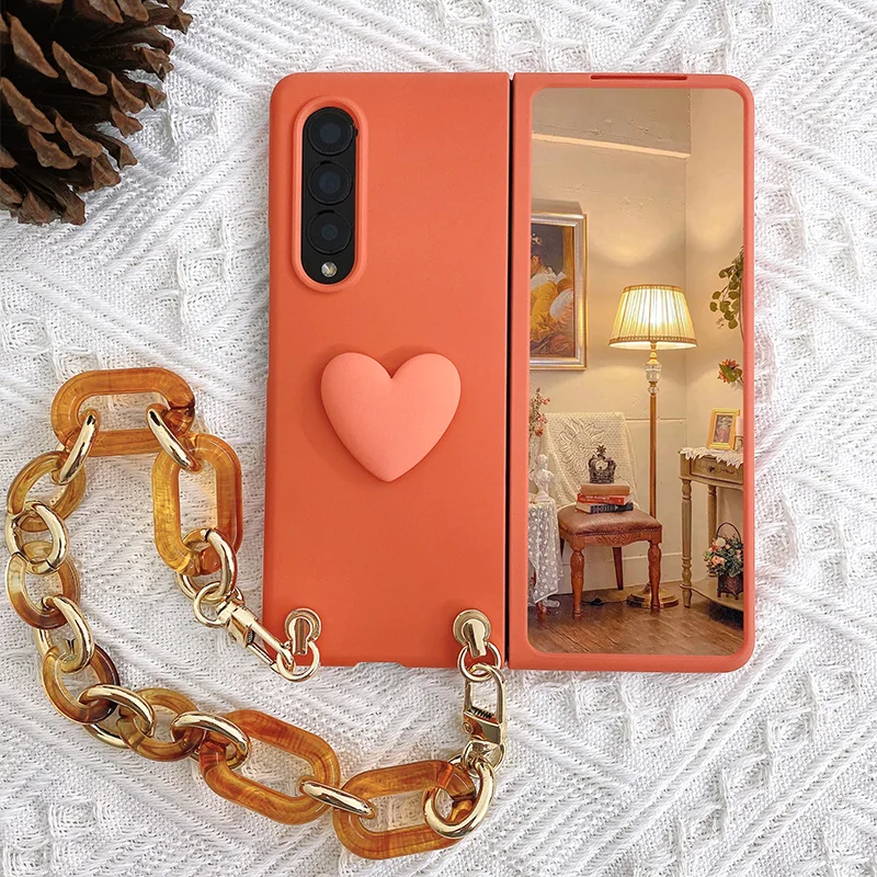 3D Love Orange PC Case With  Amber Bracelet Chain For Samsung Galaxy Z Fold 5 4  3 5G