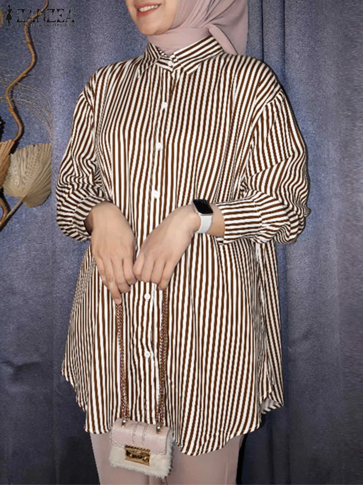 ZANZEA Fashion Muslim Blouse Casual Striped Printed Islamic Clothing Lapel Neck Long Sleeve Tunic Tops Woman Holiday Shirt 2024