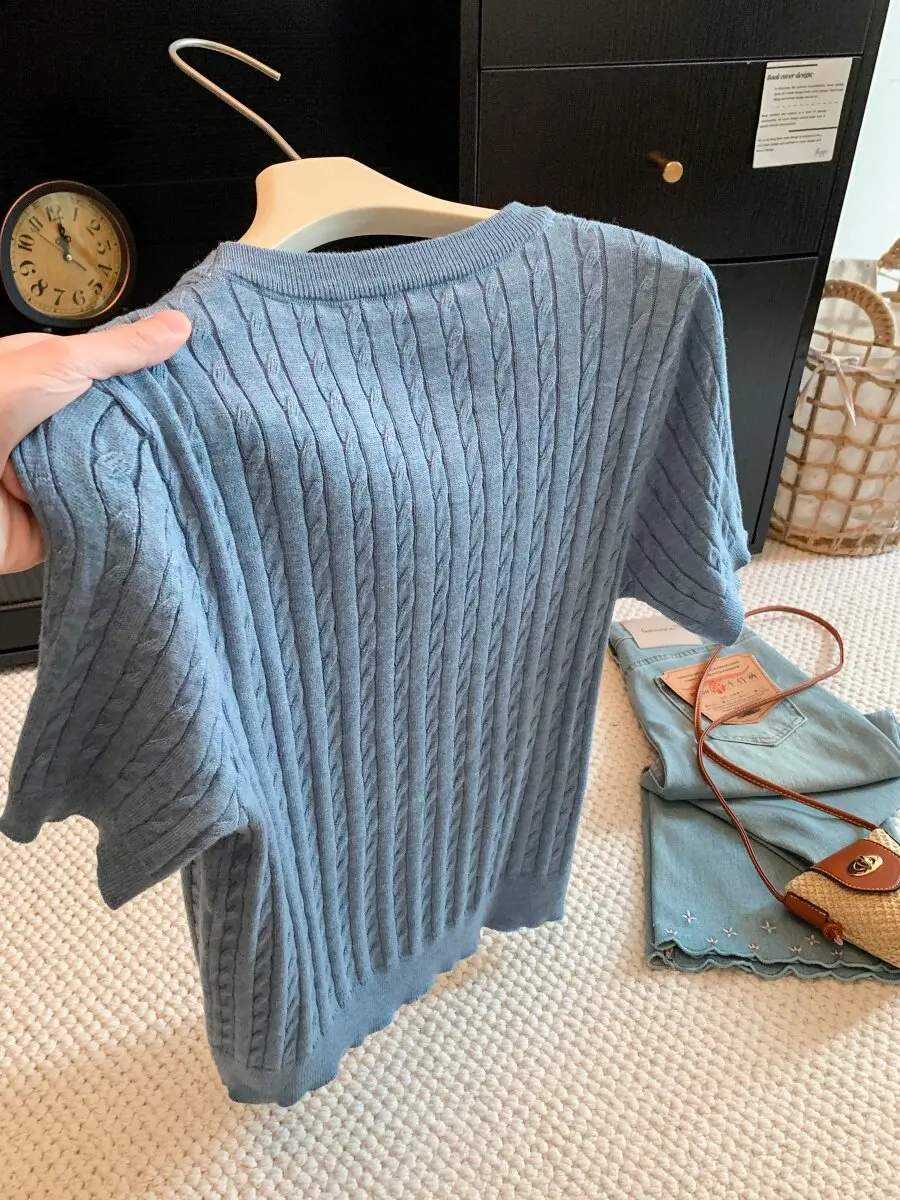 Korean Style Knitted T-Shirt Women's Short Sleeve Embroidered Letter Texture Twist Female Summer Soft Polyester Fiber Commute