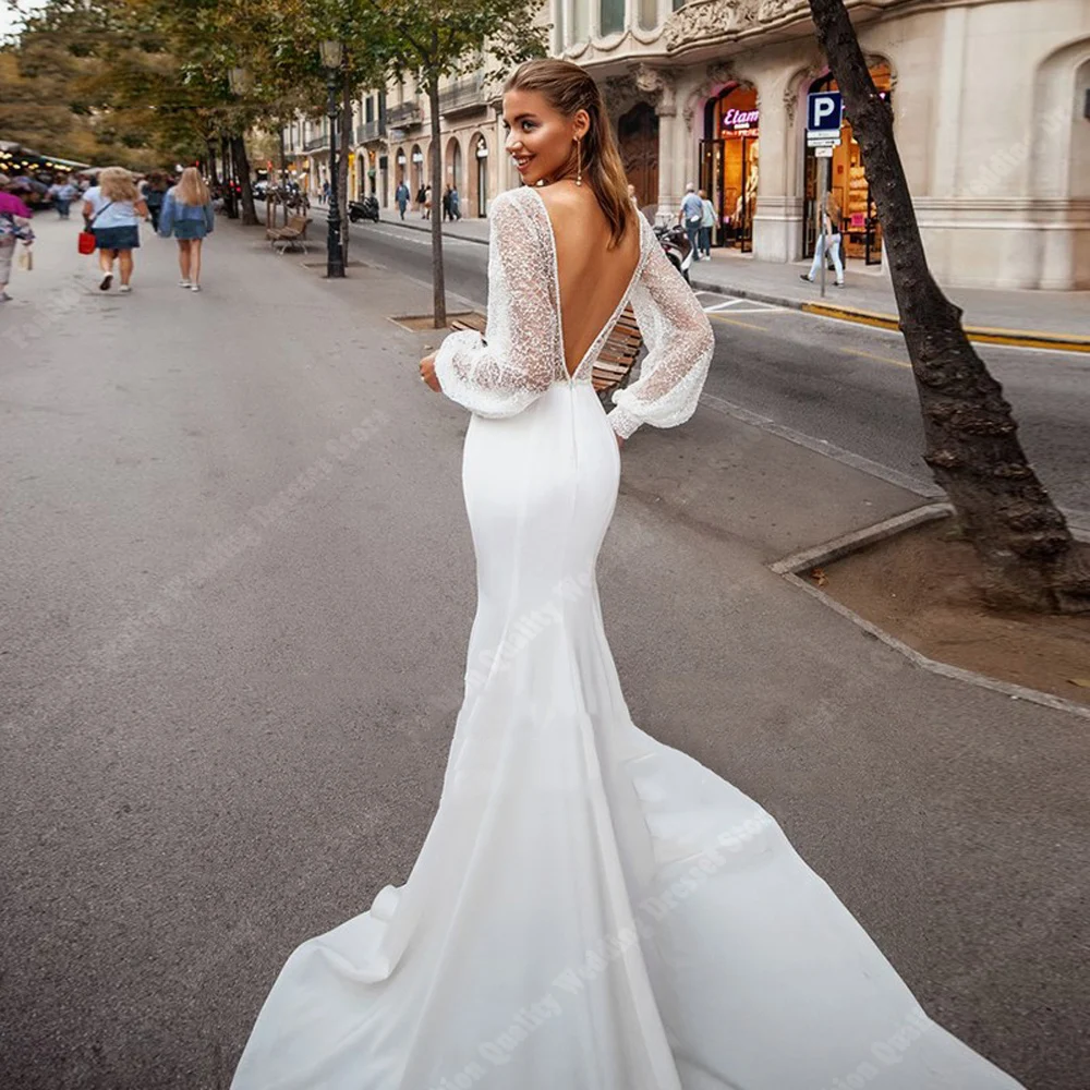 Vestidos de noiva sereia em V profundo para mulheres, vestidos de noiva vintage, cetim brilhante, vestido de festa, 2021