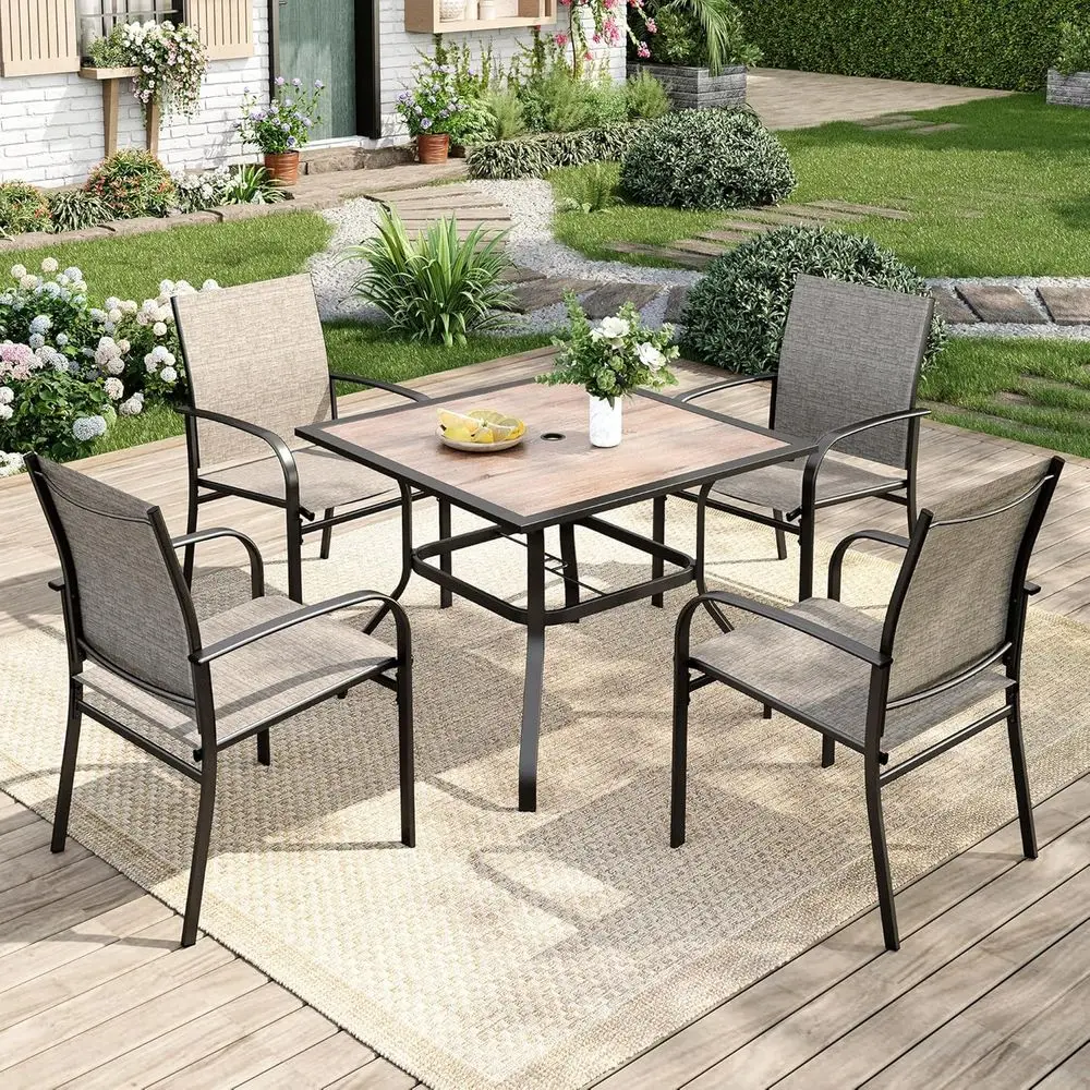 

4-Person Outdoor Dining Set with 4 Brown Textilene Chairs and 37 Wood-Like Table with Umbrella Hole