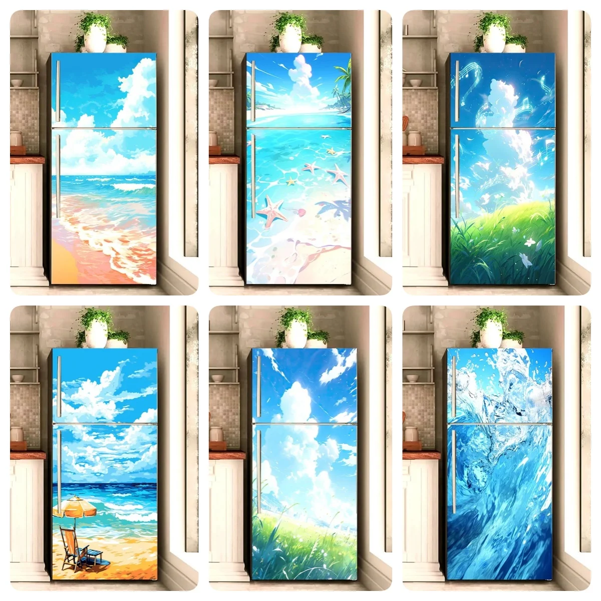 Anime Beach Refrigerator Stickers Waterproof Self-Adhesive Decals Removable Aesthetic Ocean Fridge Wrap for Kitchen Home Decor