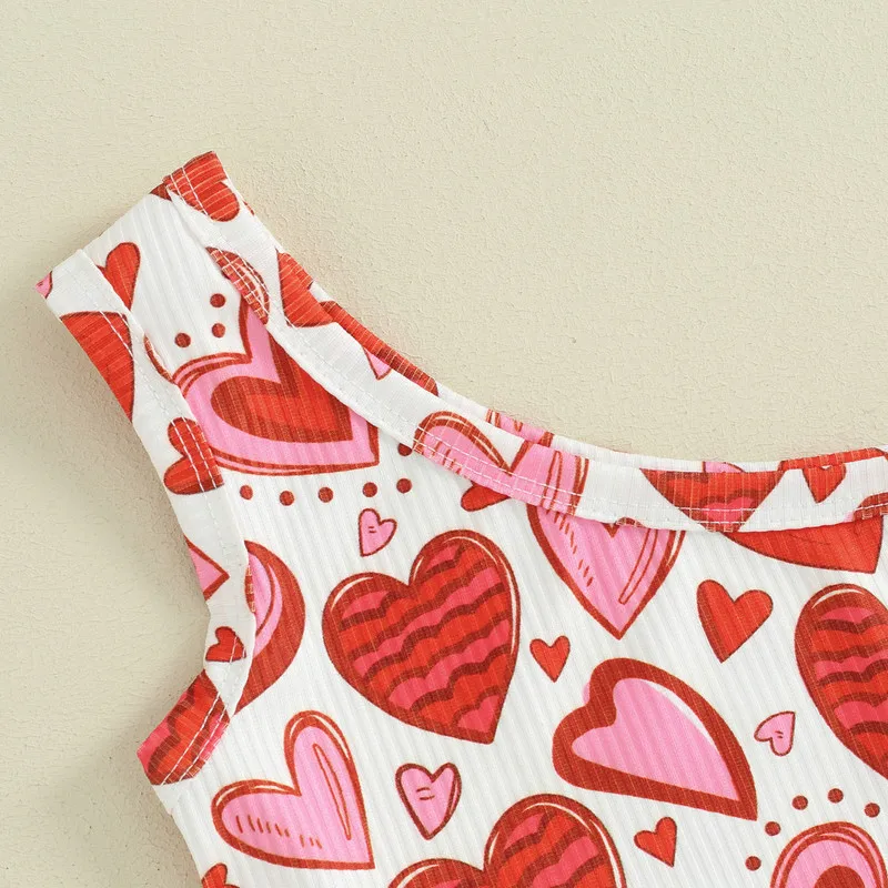 Set di pantaloni estivi da 2 pezzi per ragazze set di pantaloni svasati con stampa a cuore senza maniche con una spalla