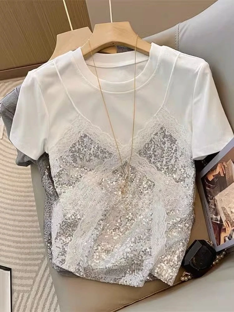 

White Two Piece Lace Camisole Patchwork T-shirts 2025 Summer New All-match Tee Shirt O-neck Short Sleeve Top For Women