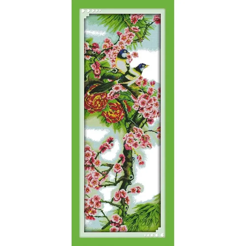 

Joy Sunday News Printedd Cross Stitch Kit, Easy Pattern With Aida and DMC Threads Stamped Fabric Embroidery Set-The Plum Bloss