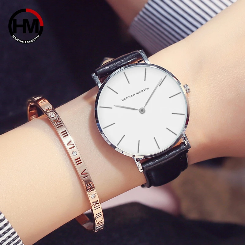 2023 baru jam tangan kulit wanita 36mm merek mode Hannah Martin Quartz jam tangan anak perempuan kotak Set jam Relogio Feminino