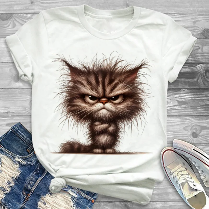 

Harajuku Ретро футболка с принтом кота и уличным круглым вырезом, повседневный простой стильный топ с короткими рукавами, женская популярная белая футболка