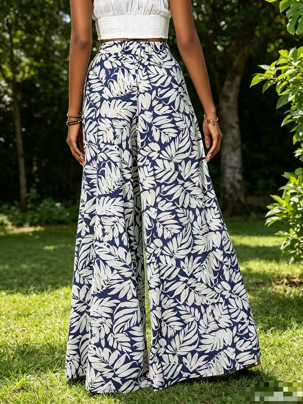 Women's Boho Tropical Leaf Print High Waist Wide Leg Pants Casual Loose Flared Trousers Elastic Waist Summer Beach Wear