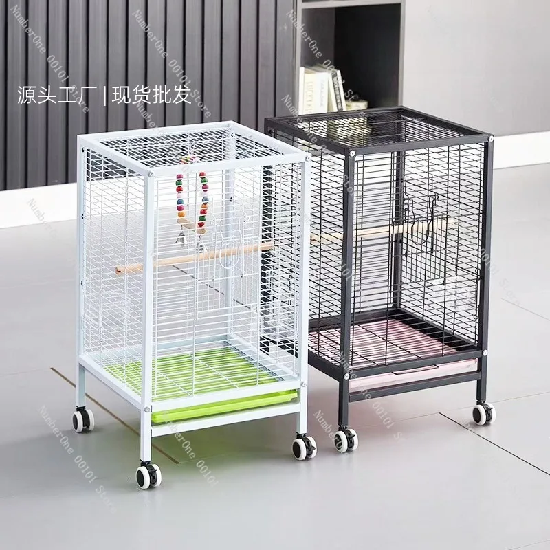Movable Rolling Luxury Bird Cage Small Myna Parrot Villa Style Iron Wrought Aviary Home Use Anti Splash Seed Guard Stand