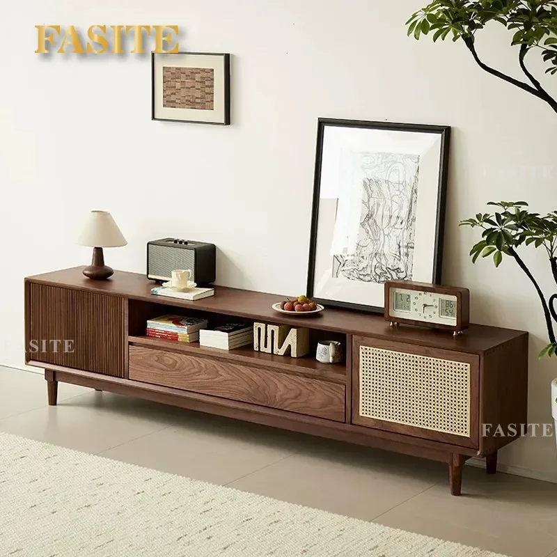For North American Black Walnut TV Stand Antique Medieval Style Living Room Floor Storage Cabinet Solid Wood Log Media