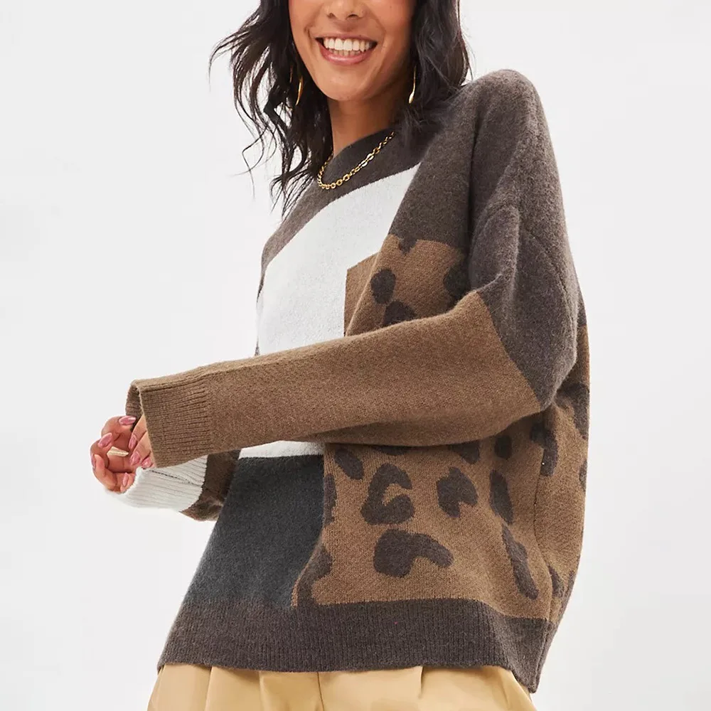 Vintage Lazy Weekend Spliced Leopard Print Knitted Women's Round Neck Loose Long Sleeve Warm Cozy Autumn Winter Fashion Crewneck