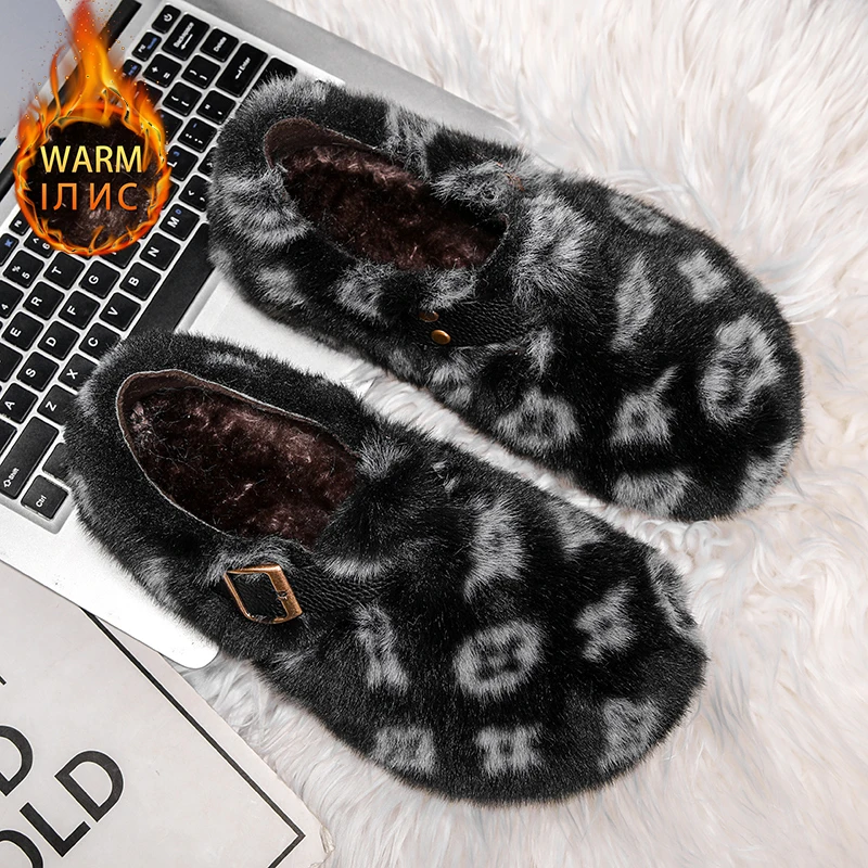 Women Winter Leopard Print Fuzzy Fluffy Fur Slippers Warm Plush Lined Buckle Strap Closed Back Indoor Outdoor House Shoes