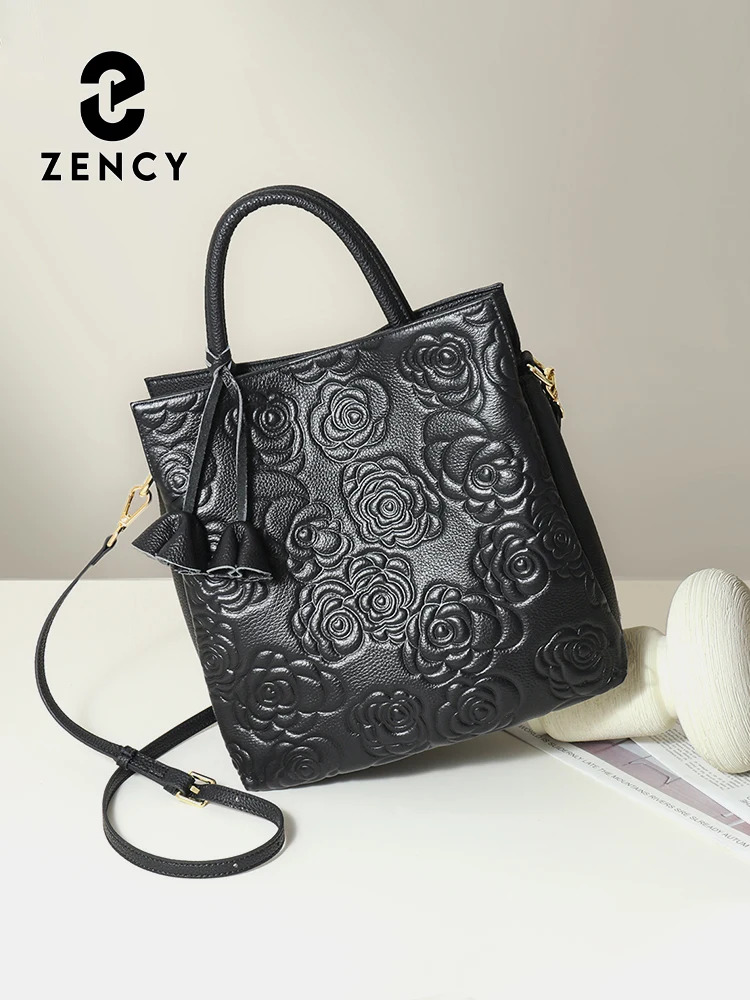 Zency 100% Genuine Leather Handbag Large Capacity Women Shoulder Bag Retro Purse Floral Crossbody Tote Black Shopping Bag Winter