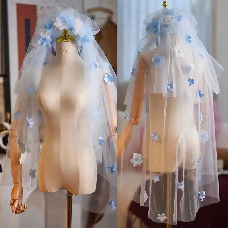 

Handmade Wedding Bridal Veil Lace 3D Flowers Double Layer Wearing Headband Wedding Accessories Customized velos de novia