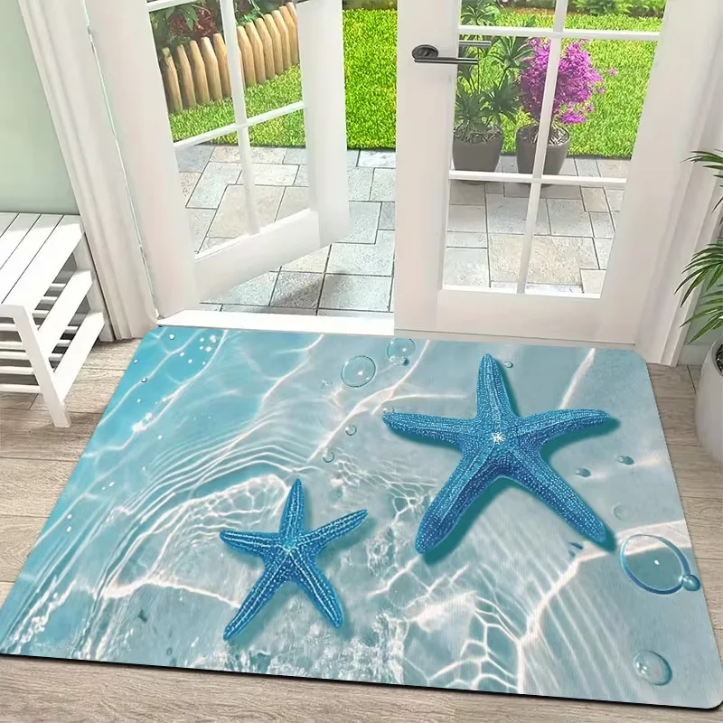 Clear Water Bubble Blue Starfish Ocean Print Doormat Anti Slip Floor Mat Coastal Tropical Beach Style Front Entrance Mat