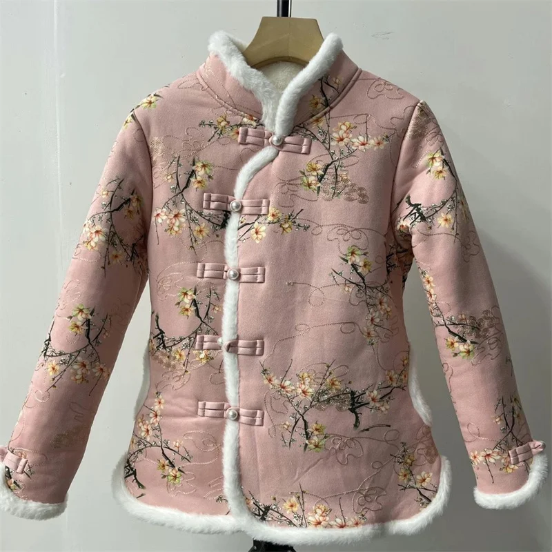 Add Velvet Padded Deerskin Cotton-padded Jacket Female Winter 2023 New Rabbit Fur Edge Thin Floral Cheongsam Cotton-padded Coat