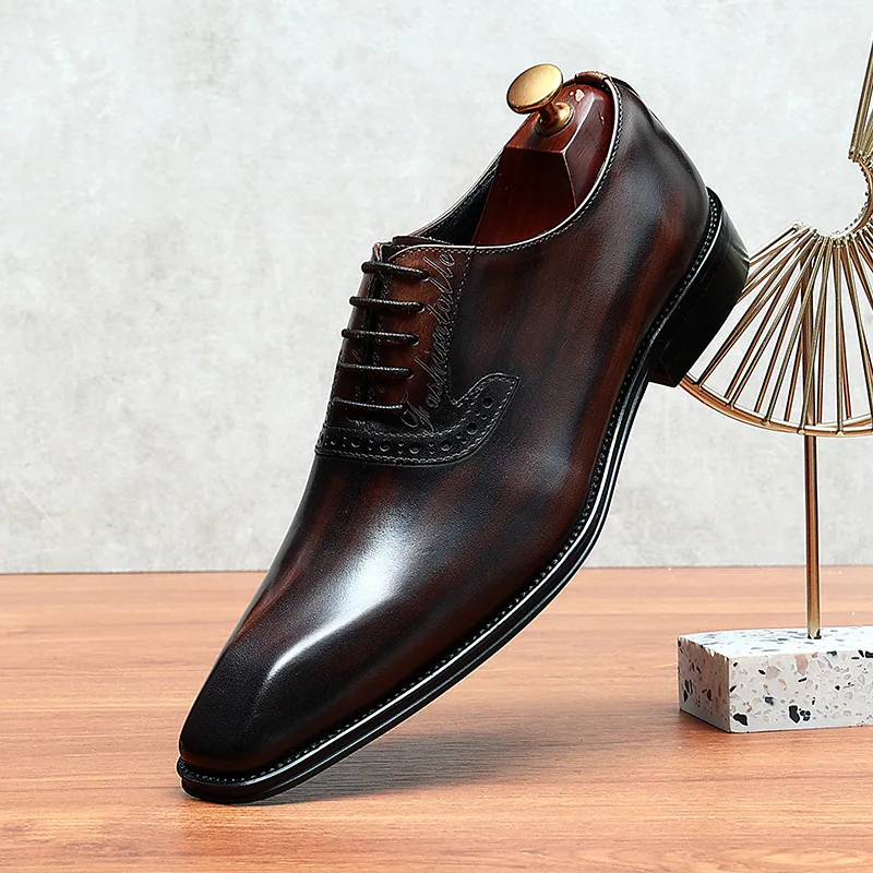 Handmade Leather Shoes Men Genuine Cowhide Business Formal Oxford Brogue British Retro Wedding Dress Shoes