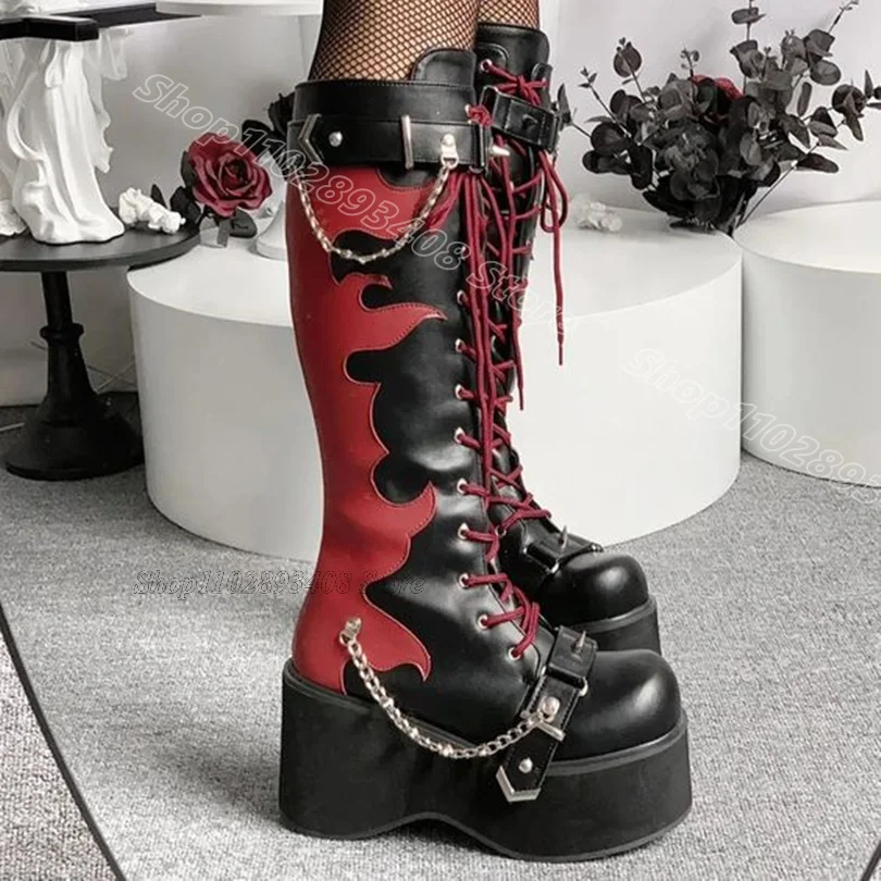 Chain Decor Punk Style Boots Platform Round Toe Side Zipper Dress Fashion Casual Design for Women Shoes 2024 Zapatos Para Mujere