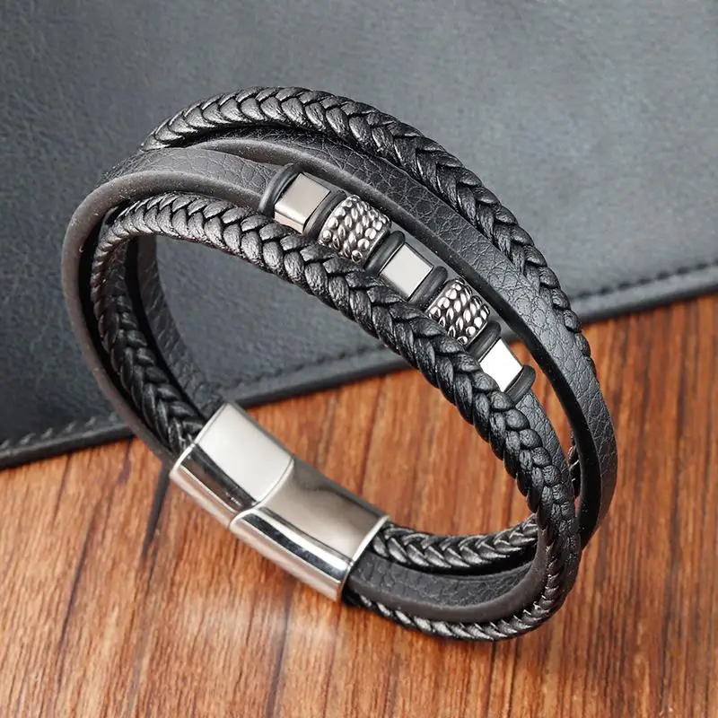 Multi-layer Braided Leather Bracelet Trend Stainless Steel Magnetic Clasp Bangles Fashion Jewelry Best Gift For Birthday Wedding