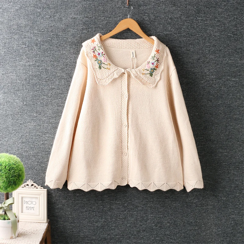 Autumn Sweet Embroidered Sweater Women Long Sleeve Single Breasted Knitted Sweater