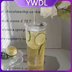 YWDL 600ml Stripe Glass Cup with Lid And Straw Transparent Milk Tea Juice Cup Drinking Glasses Ice Water Coffee Mug Bar