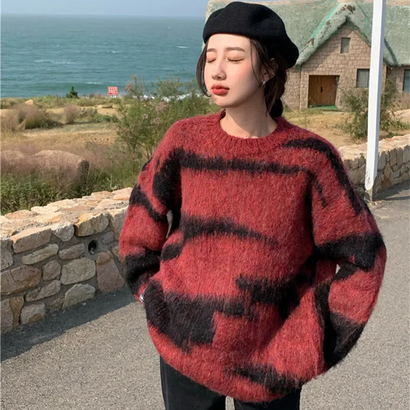 

Two Colors Autumn and Winter Casual Mohair Knitted Sweaters Womens Stripe Soft Sweaters and Pullovers Womens Lazy Style OL