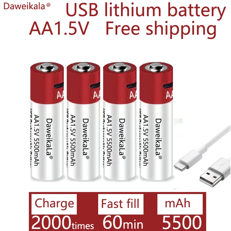 

Daweikala New AA USB rechargeable Li ion battery 1.5V AA 5500mah / Li ion battery watch for toys MP3 player thermometer keyboard