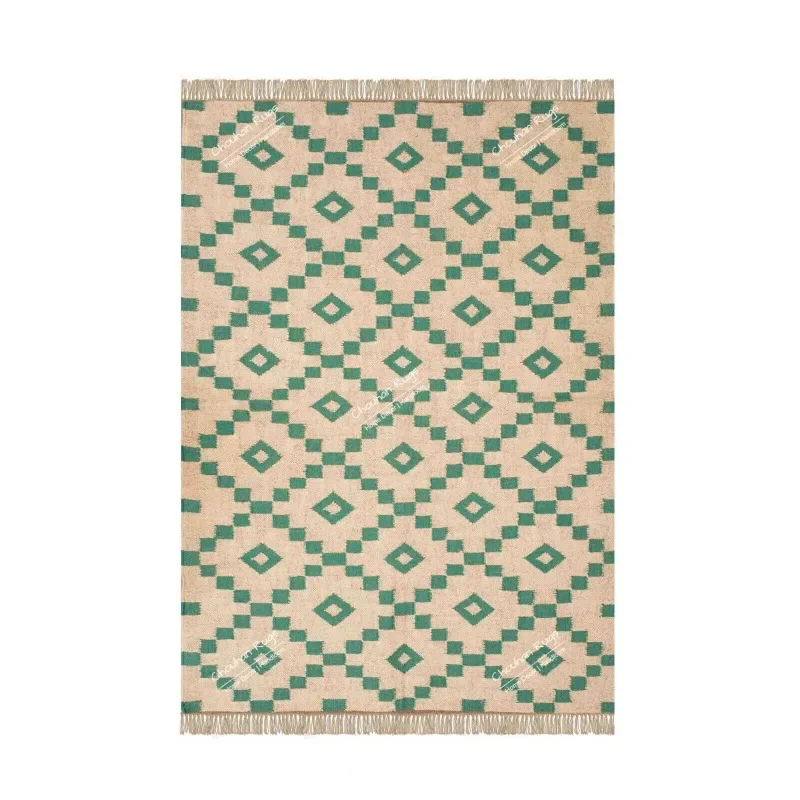 

Handmade Kilim Wool Jute Rug Off White with Bottle Green Design & Fringes Rug