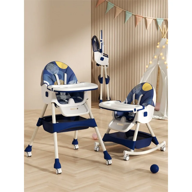 3-in-1 Convertible Baby High Chair Foldable Infant Chair Rocking Chair with Harness Lockable Wheels Removable Seat & Trays