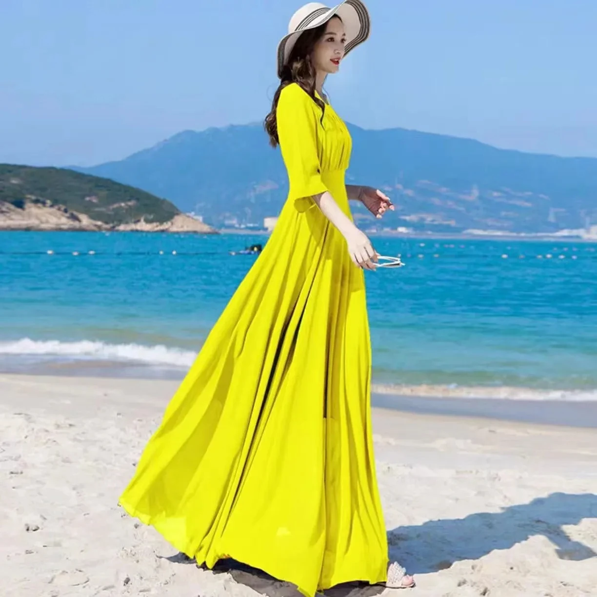2025 zomer nieuwe chiffon lange jurk voor dames modieuze effen kleur elegant temperament slanke strandvakantie jurken vrouwelijk