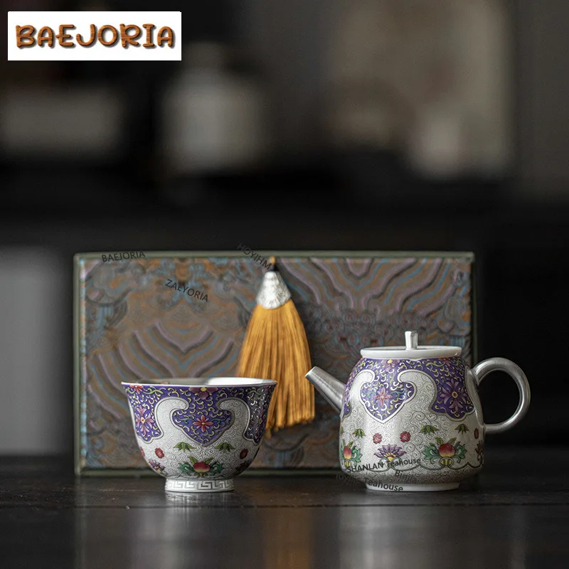 BAEJORIA 999 Pure Silver Gilded Ruyi Tea Set Complete Set Luxury Tea Ceremony Set Household Teapot And Tea Cup Set Cha Ornaments