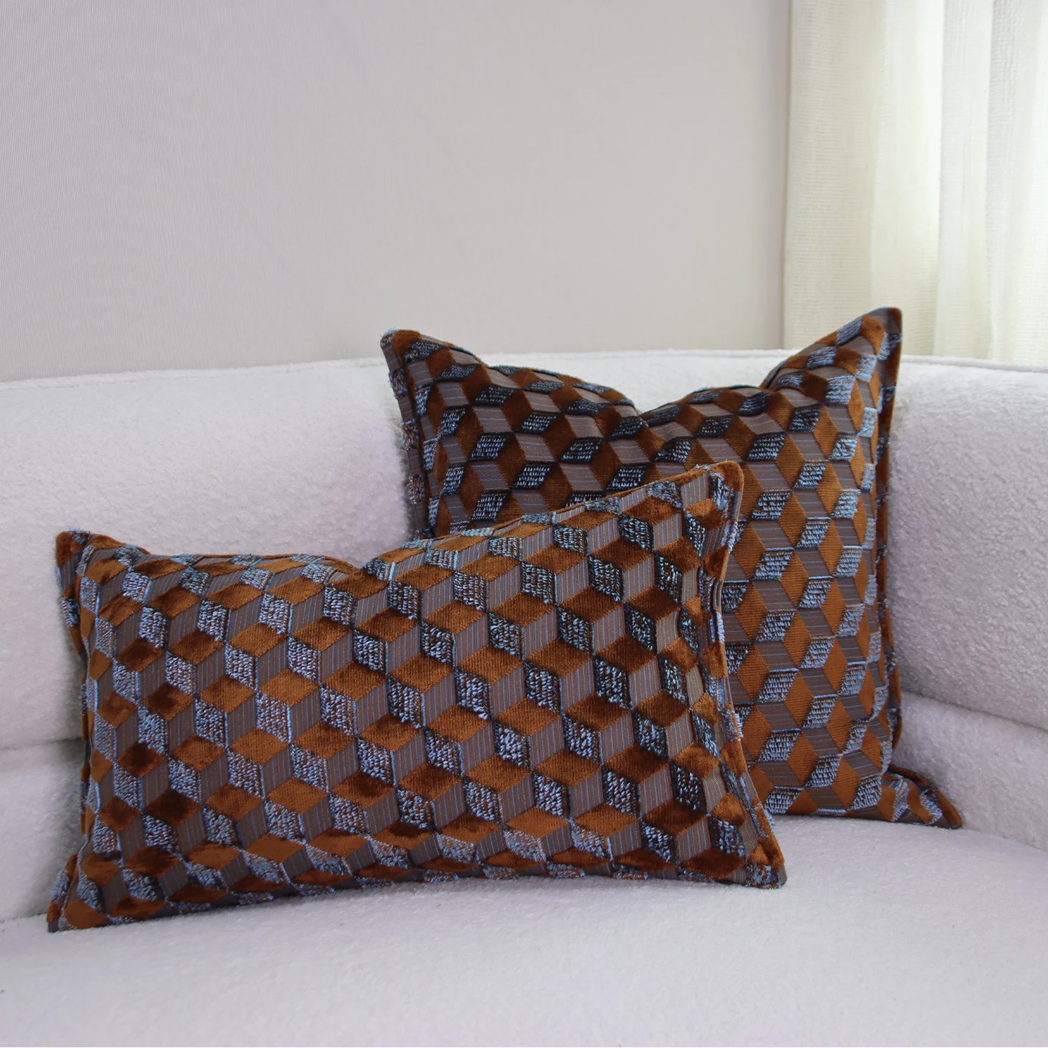 RUIYI Vintage Style Diamond Pattern Jacquard Pillow Coves Brown Geometric Weave Cushion Cases for Villa Model Home Bedrooms