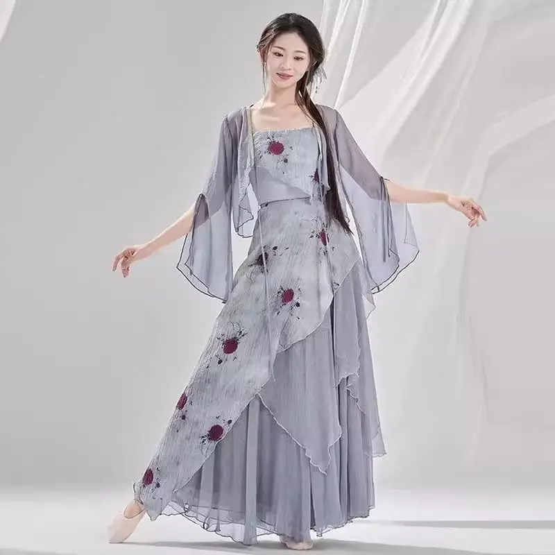 [エレガントなガーゼスカート]女性用の新しいクラシックダンス衣装、エレガントなシフォンドレス、ワンピースシフォンスカートパンツ、中国風