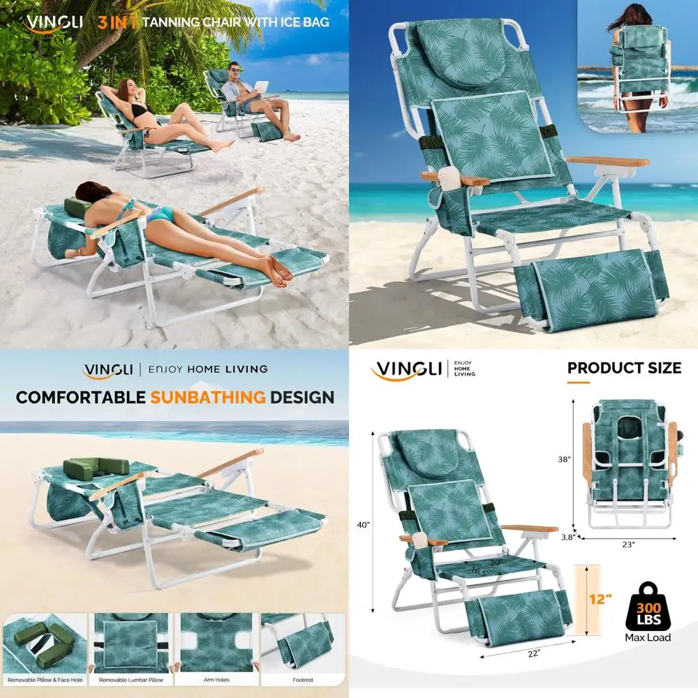 

3-in-1 Beach and Pool Lounge Chair with Sunbathing Hole, Reclining Backrest, Footrest, Cup Holder, and Storage Bag