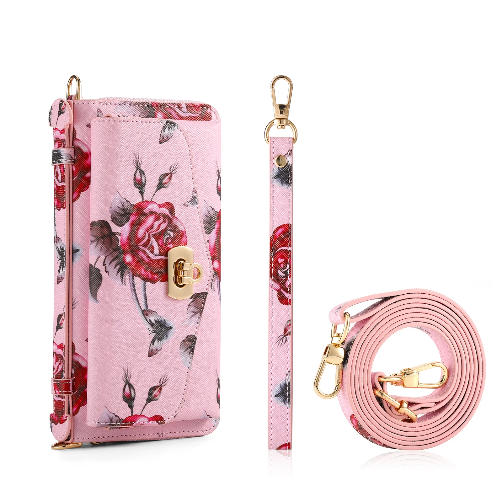 POLA Multi functional zipper bag Flower design crossbody  Case For Samsung Galaxy S24 S23 S22 Note 20 Ultra