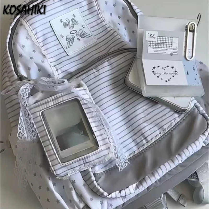 

Korean Simple Patchwork Striped Women Backpack Sweet Y2k Aesthetic Star Print Schoolbags Fashion Casual Backpacks for Students
