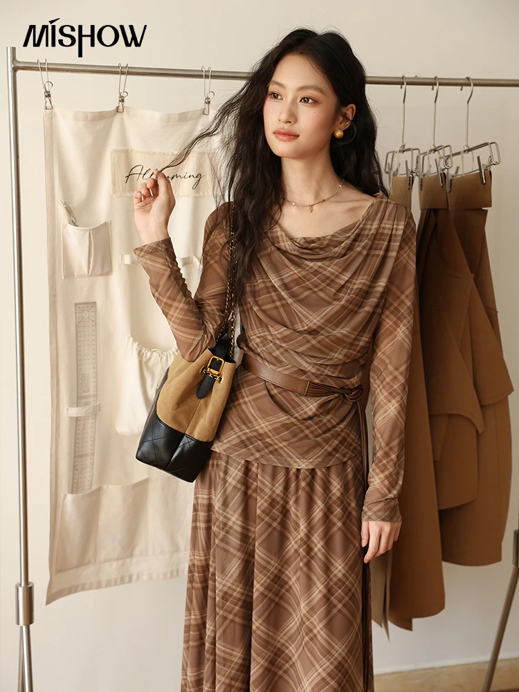 

MISHOW сетчатый клетчатый модный комплект для женщин, осень 2021, топ с распашным воротником, юбка с эластичной резинкой на талии, комплекты с поясом MXE46T1398