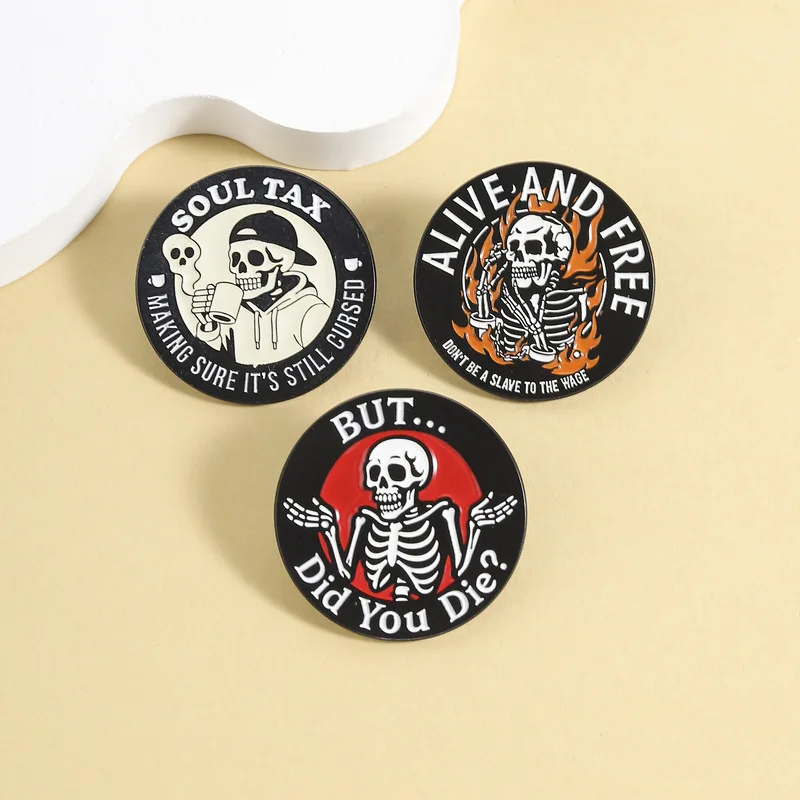 Cartoon skeleton figure design Brooch fashion women men round badge clothing accessories Alloy drip oil brooch