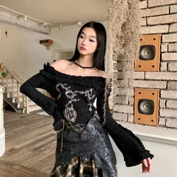Women's Off Shoulder Pleated Crop Tops Sexy Knitted Sweater Long Sleeve Shirt Gothic Slash Neck Shirt Punk Slim Fit Shirts Y2k