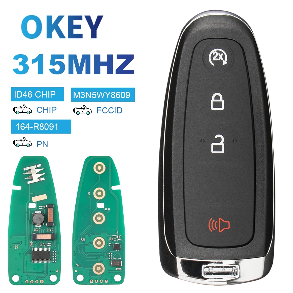 

Ключ от автомобиля Okey Remot 4BT для Ford 315 МГц Explorer Edge Flex C-max Taurus ID46 PCF7953 FCC ID: M3N5WY8609 PN:164-R8091