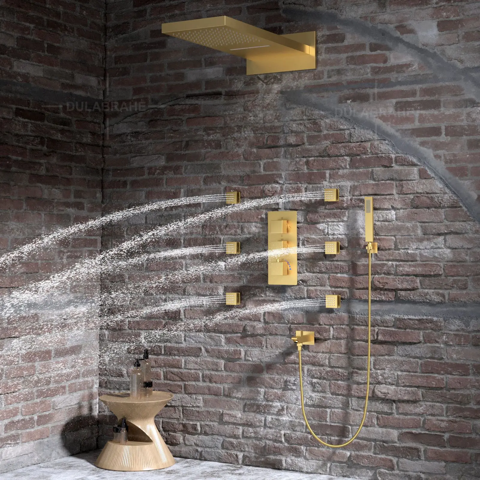 Feiyu Waterfall Shower Head Set with Brass Thermostatic Valve Body Wall Mounted Concealed Design for Bathroom