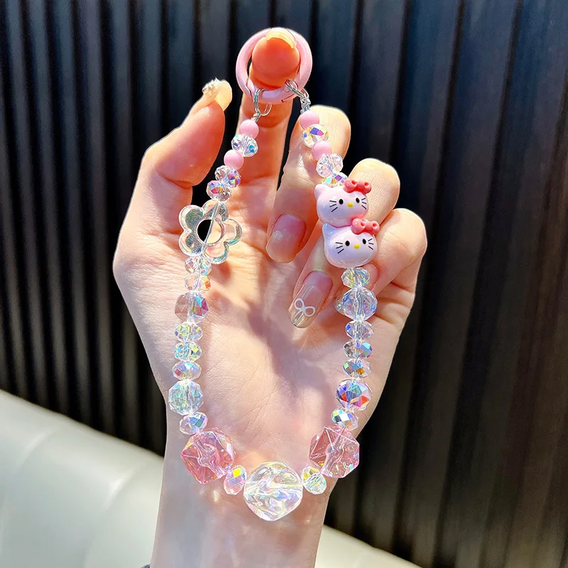 Cute Cat Mobile Phone Chain Strap Card Beads Kawaii Cartoon Anime Charm Wrist Strap Headphone Case Pendant Bag Accessories Gift