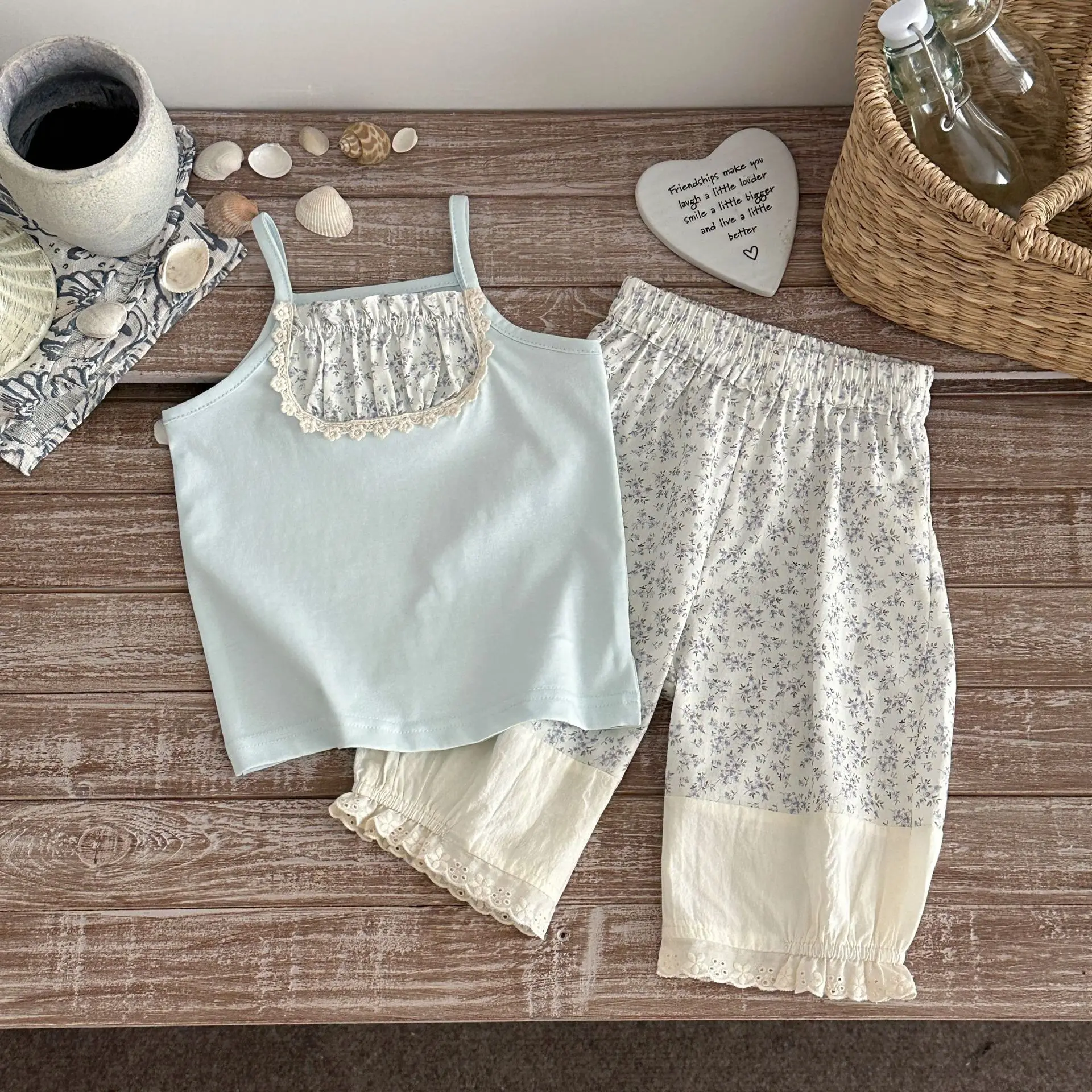 6-24M Summer Pastorale Style Baby Sleeveless Tee Floral Print Lace Camisole Anti-Mosquito Pants Toddler Girls Casual Clothes