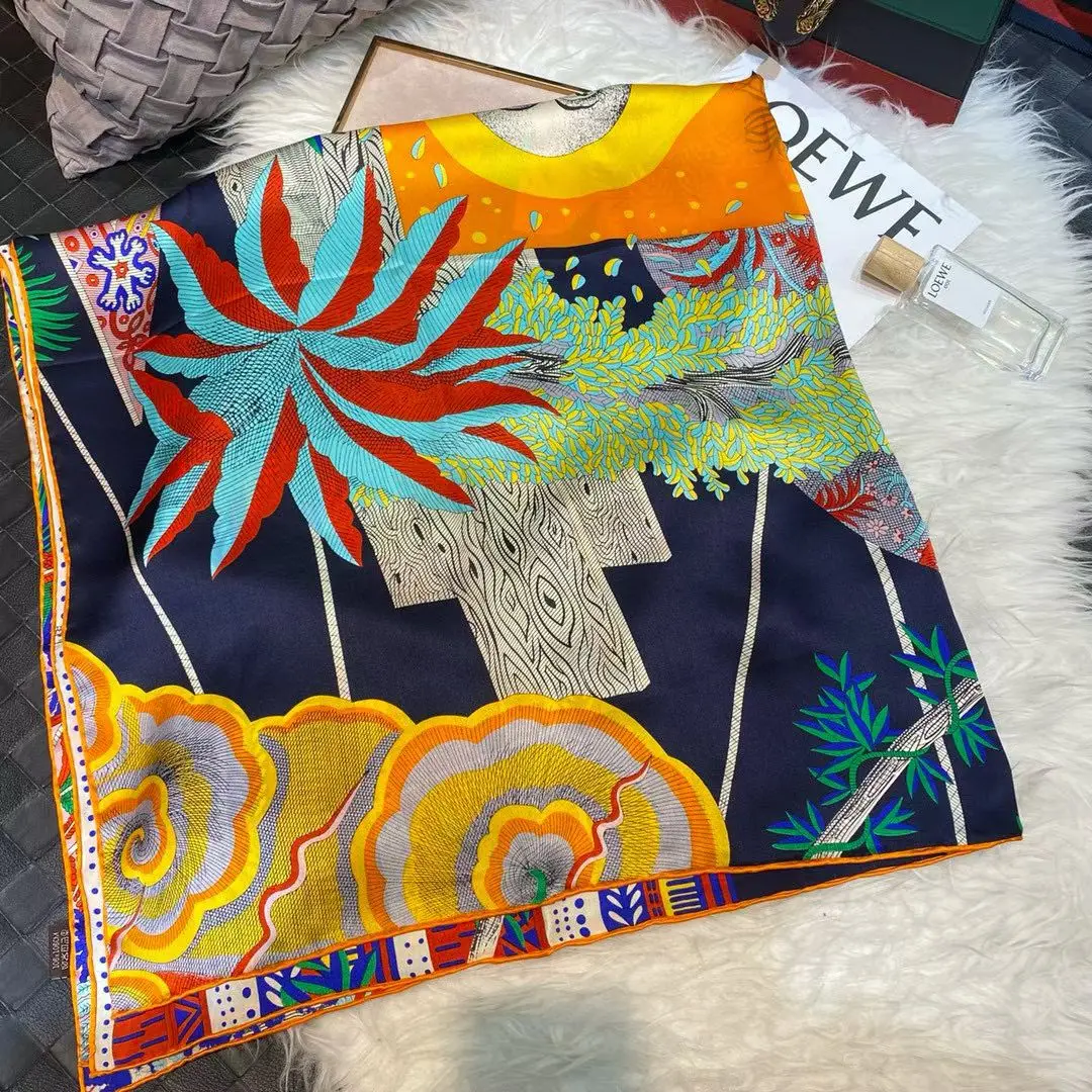 

Желтый, синий шелковый квадратный шарф, шаль для женщин, осень-зима, 100% шелковые шарфы шелковицы, летние пляжные шелковые шарфы 108*108 см