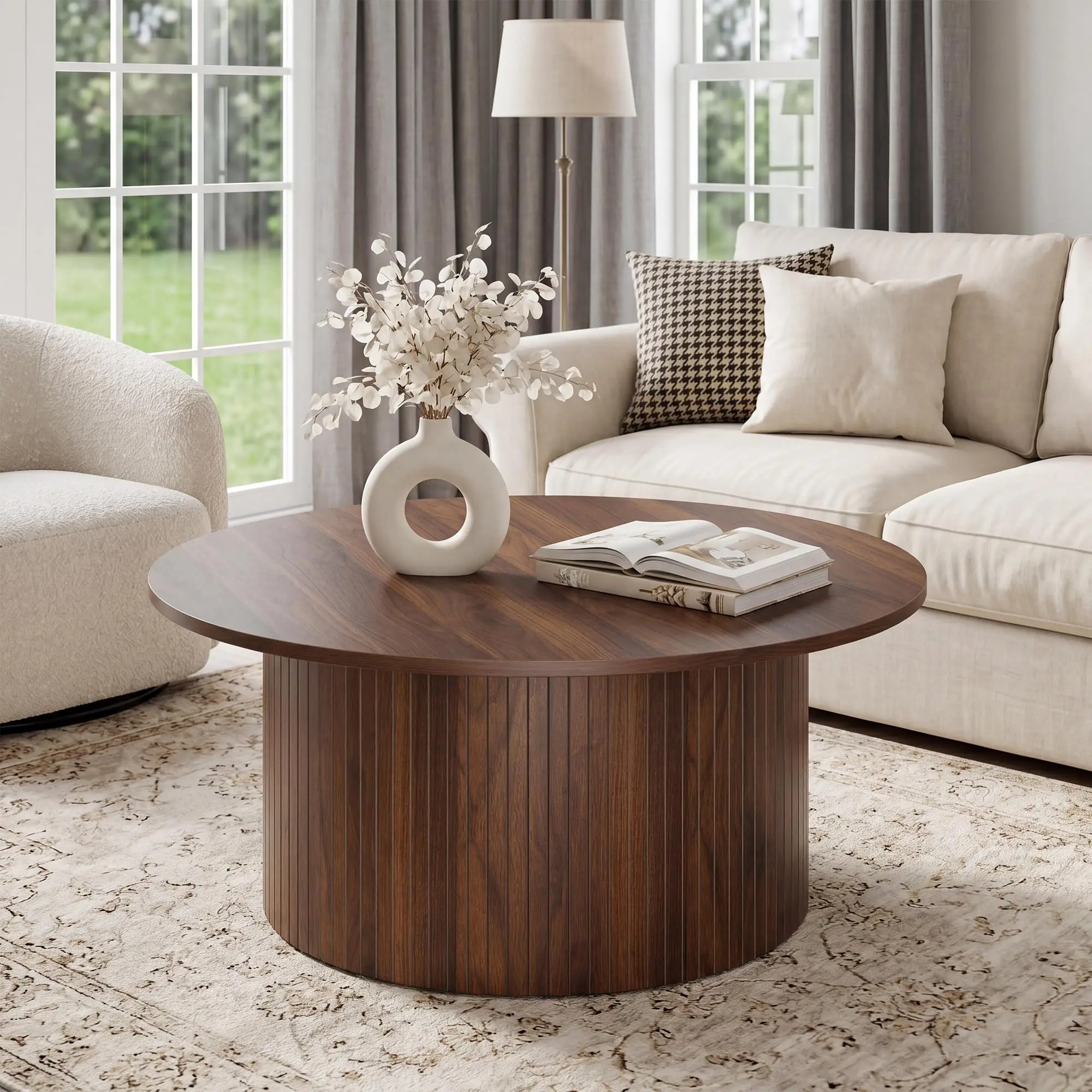Modern Fluted Drum Coffee Table Round Accent Center Table With Top And Frame For Living Room