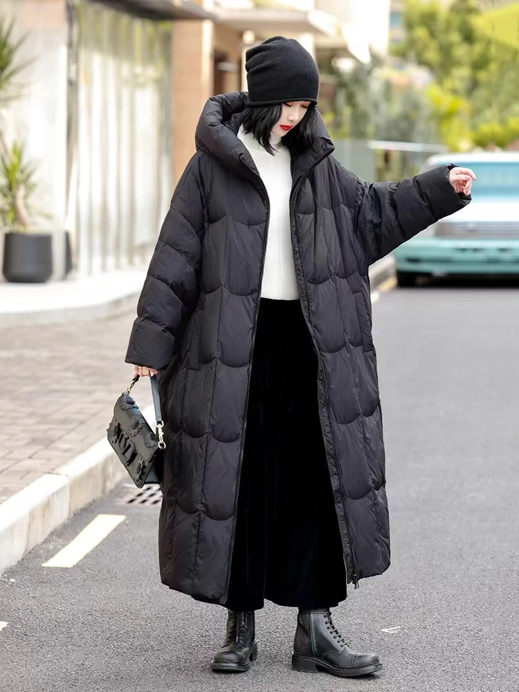 الشتاء مقنعين طويلة كبيرة الحجم أسفل سترة الإناث الدافئة باركر طول الركبة أبلى المرأة الأبيض بطة أسفل مزدوجة سستة أسفل سترة #3